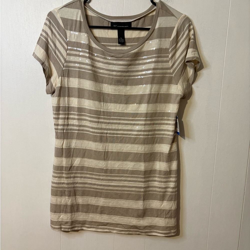 INC International Concepts Beige and Cream Striped Tee